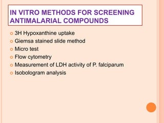 IN VITRO METHODS FOR SCREENING
ANTIMALARIAL COMPOUNDS
 3H Hypoxanthine uptake
 Giemsa stained slide method
 Micro test
 Flow cytometry
 Measurement of LDH activity of P. falciparum
 Isobologram analysis
 