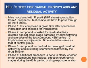 HILL ’S TEST FOR CAUSAL PROPHYLAXIS AND
RESIDUAL ACTIVITY
 Mice inoculated with P. yoelii (N67 strain) sporozoites
from A. Stephensi. Test compound have to pass through
all the 4 phase.
 Phase 1: test compound is given 3 hr after sporozoites
inoculation and checked for Parasitemia.
 Phase 2: compound is tested for residual activity
directed against blood stage parasites by administrating
a single dose of the test compound 48hr before 104
trophozoites are injected iv. Time should be same as
that of control group.
 Phase 3: compound is checked for prolonged residual
activity by administrating sporozoites followed by the
drug 3h later.
 Phase 4: additional procedure is done to clarify whether
or not a compound has residual effect on erythrocytic
stages during the 48 hr period of drug exposure in vivo.
 