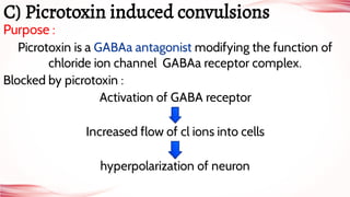 Purpose :
Picrotoxin is a GABAa antagonist modifying the function of
chloride ion channel GABAa receptor complex.
Blocked by picrotoxin :
Activation of GABA receptor
Increased flow of cl ions into cells
hyperpolarization of neuron
C) Picrotoxin induced convulsions
 
