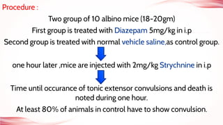 Procedure :
Two group of 10 albino mice (18-20gm)
First group is treated with Diazepam 5mg/kg in i.p
Second group is treated with normal vehicle saline,as control group.
one hour later ,mice are injected with 2mg/kg Strychnine in i.p
Time until occurance of tonic extensor convulsions and death is
noted during one hour.
At least 80% of animals in control have to show convulsion.
 
