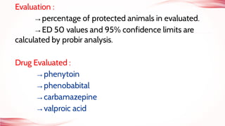 Evaluation :
→percentage of protected animals in evaluated.
→ED 50 values and 95% confidence limits are
calculated by probir analysis.
Drug Evaluated :
→phenytoin
→phenobabital
→carbamazepine
→valproic acid
 