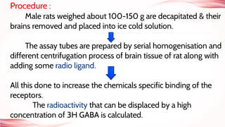Procedure :
Male rats weighed about 100-150 g are decapitated & their
brains removed and placed into ice cold solution.
The assay tubes are prepared by serial homogenisation and
different centrifugation process of brain tissue of rat along with
adding some radio ligand.
All this done to increase the chemicals specific binding of the
receptors.
The radioactivity that can be displaced by a high
concentration of 3H GABA is calculated.
 