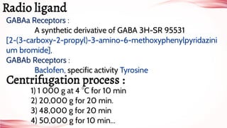 GABAa Receptors :
A synthetic derivative of GABA 3H-SR 95531
[2-(3-carboxy-2-propyl)-3-amino-6-methoxyphenylpyridazini
um bromide],
GABAb Receptors :
Baclofen, specific activity Tyrosine
Radio ligand
Centrifugation process :
1) 1 000 g at 4 °C for 10 min
2) 20,000 g for 20 min.
3) 48,000 g for 20 min
4) 50,000 g for 10 min...
 