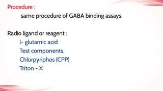 Procedure :
same procedure of GABA binding assays.
Radio ligand or reagent :
l- glutamic acid
Test components.
Chlorpyriphos (CPP)
Triton - X
 