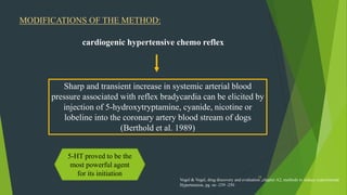 18
MODIFICATIONS OF THE METHOD:
cardiogenic hypertensive chemo reflex
Sharp and transient increase in systemic arterial blood
pressure associated with reflex bradycardia can be elicited by
injection of 5-hydroxytryptamine, cyanide, nicotine or
lobeline into the coronary artery blood stream of dogs
(Berthold et al. 1989)
5-HT proved to be the
most powerful agent
for its initiation
Vogel & Vogel, drug discovery and evaluation ,chapter A2, methods to induce experimental
Hypertension, pg. no -239 -250
 