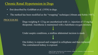 23
Chronic Renal Hypertension in Dogs
• first described by Goldblatt et al. (1934) in dogs.
• The method has been modified as the “wrapping” technique (Abram and Sobin 1947).
PROCEDURE
Dogs weighing 8–12 kg are anesthetized with i.v. injection of 15 mg/kg
thiopental. Anesthesia is maintained with a halothane-oxygen mixture.
Under aseptic conditions, a midline abdominal incision is made
One kidney is exposed and wrapped in cellophane and then replaced.
The contralateral kidney is exposed.
Vogel & Vogel, drug discovery and evaluation ,chapter A2, methods to induce experimental
Hypertension, pg. no -239 -250
 