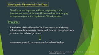 29
Vasodilator and depressor reflexes, originating in the
baroreceptor areas of the carotid sinus and aortic arch, play
an important part in the regulation of blood pressure.
Neurogenic Hypertension in Dogs
Stimulation of the afferent buffer fibres exerts an inhibitory
influence on the vasomotor center, and their sectioning leads to a
persistent rise in blood pressure.
Acute neurogenic hypertension can be induced in dogs
Principle :
Vogel & Vogel, drug discovery and evaluation ,chapter A2, methods to induce experimental
Hypertension, pg. no -239 -250
 