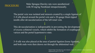 57
Male Sprague-Dawley rats were anesthetized
with 50 mg/kg Nembutal intraperitoneally.
PROCEDURE
The portal vein was isolated and stenosis created by a single ligature of
3–0 silk placed around the portal vein and a 20-gauge blunt-tipped
needle after devascularization of the left renal vein.
This devascularization is indispensable in preventing the development
of excess collateral vessels, which inhibit the formation of esophageal
varices and the portal hypertensive state.
3–0 silk was also placed at the area of partial ligation (loose ligation),
and both ends were then drawn out through the abdominal wall.
Vogel & Vogel, drug discovery and evaluation ,chapter A2, methods to induce experimental
Hypertension, pg. no -239 -250
 