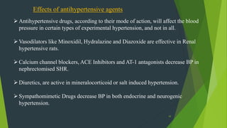 62
Effects of antihypertensive agents
Antihypertensive drugs, according to their mode of action, will affect the blood
pressure in certain types of experimental hypertension, and not in all.
Vasodilators like Minoxidil, Hydralazine and Diazoxide are effective in Renal
hypertensive rats.
Calcium channel blockers, ACE Inhibitors and AT-1 antagonists decrease BP in
nephrectomised SHR.
Diuretics, are active in mineralocorticoid or salt induced hypertension.
Sympathomimetic Drugs decrease BP in both endocrine and neurogenic
hypertension.
 