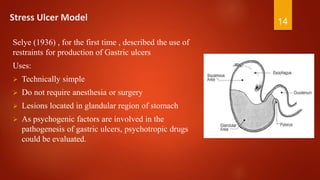 Stress Ulcer Model
Selye (1936) , for the first time , described the use of
restraints for production of Gastric ulcers
Uses:
 Technically simple
 Do not require anesthesia or surgery
 Lesions located in glandular region of stomach
 As psychogenic factors are involved in the
pathogenesis of gastric ulcers, psychotropic drugs
could be evaluated.
14
 
