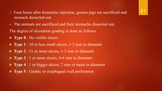  Four hours after histamine injection, guinea pigs are sacrificed and
stomach dissected out.
 The animals are sacrificed and their stomachs dissected out.
The degree of ulceration grading is done as follows
 Type 0 : No visible ulcers
 Type 1 : 10 or less small ulcers, 1-3 mm in diameter
 Type 2 : 11 or more ulcers, 1-3 mm in diameter
 Type 3 : 1 or more ulcers, 4-6 mm in diameter
 Type 4 : 1 or bigger ulcers, 7 mm or more in diameter
 Type 5 : Gastric or esophageal wall perforation
21
 