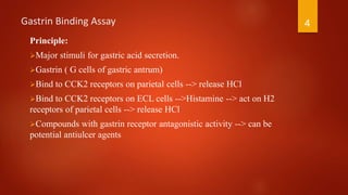 Gastrin Binding Assay
Principle:
Major stimuli for gastric acid secretion.
Gastrin ( G cells of gastric antrum)
Bind to CCK2 receptors on parietal cells --> release HCl
Bind to CCK2 receptors on ECL cells -->Histamine --> act on H2
receptors of parietal cells --> release HCl
Compounds with gastrin receptor antagonistic activity --> can be
potential antiulcer agents
4
 