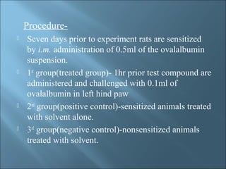 Procedure-
 Seven days prior to experiment rats are sensitized
by i.m. administration of 0.5ml of the ovalalbumin
suspension.
 1st
group(treated group)- 1hr prior test compound are
administered and challenged with 0.1ml of
ovalalbumin in left hind paw
 2nd
group(positive control)-sensitized animals treated
with solvent alone.
 3rd
group(negative control)-nonsensitized animals
treated with solvent.
 