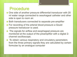 Procedure
 One side of another pressure differential transducer with 20
ml water range connected to oesohageal catheter and other
side is open to room air.
 Both transducers connected to separate pre-amplifier
 For recording of the arterial blood pressure a Gould
pressure transducer is used.
 The signals for airflow and esophageal pressure are
monitored at the output of the preamplifier with a digital 2-
channel oscilloscope.
 To obtain various respiratory and circulatory parameters
from the three primary signals they are calculated by certain
formulae by an analogue computer
31
 