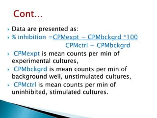  Data are presented as:
 % inhibition =CPMexpt − CPMbckgrd *100
CPMctrl − CPMbckgrd
 CPMexpt is mean counts per min of
experimental cultures,
 CPMbckgrd is mean counts per min of
background well, unstimulated cultures,
 CPMctrl is mean counts per min of
uninhibited, stimulated cultures.
 