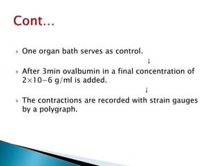  One organ bath serves as control.
↓
 After 3min ovalbumin in a final concentration of
2×10−6 g/ml is added.
↓
 The contractions are recorded with strain gauges
by a polygraph.
 
