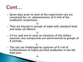  Seven days prior to start of the experiment rats are
sensitized by i.m. administration of 0.5ml of the
ovalbumin suspension.
↓
 They are housed in groups of eight with standard food
and water ad libitum.
↓
 24 hrs and one hr prior to induction of the Arthus
reaction, test compounds are administered to groups of
8 animals.
↓
 The rats are challenged by injection of 0.1ml of
0.04%solution of highly purified ovalbumin in the left
hind paw.
↓
 