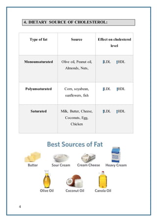 4
4. DIETARY SOURCE OF CHOLESTEROL:
Type of fat Source Effect on cholesterol
level
Monounsaturated Olive oil, Peanut oil,
Almonds, Nuts,
LDL HDL
Polyunsaturated Corn, soyabean,
sunflowers, fish
LDL HDL
Saturated Milk, Butter, Cheese,
Coconuts, Egg,
Chicken
LDL HDL
 