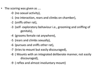 • The scoring was given as ….
-0 (no sexual activity),
-1 (no interaction, rears and climbs on chamber),
-2 (sniffs other rat),
-3 (self- exploratory behaviour i.e., grooming and sniffing of
genitals),
-4 (grooms female rat anywhere),
-5 (rears and climbs sexually),
-6 (pursues and sniffs other rat),
-7 (tries to mount but easily discouraged),
-8 ( Mounts with an integrated deliberate manner, not easily
discouraged),
-9 ( reflex and almost involuntary mount)
 