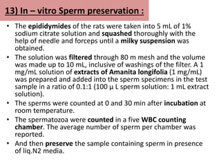 13) In – vitro Sperm preservation :
• The epididymides of the rats were taken into 5 mL of 1%
sodium citrate solution and squashed thoroughly with the
help of needle and forceps until a milky suspension was
obtained.
• The solution was filtered through 80 m mesh and the volume
was made up to 10 mL, inclusive of washings of the filter. A 1
mg/mL solution of extracts of Amanita longifolia (1 mg/mL)
was prepared and added into the sperm specimens in the test
sample in a ratio of 0.1:1 (100 µ L sperm solution: 1 mL extract
solution).
• The sperms were counted at 0 and 30 min after incubation at
room temperature.
• The spermatozoa were counted in a five WBC counting
chamber. The average number of sperm per chamber was
reported.
• And then preserve the sample containing sperm in presence
of liq.N2 media.
 