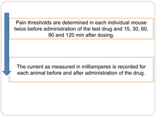 Pain thresholds are determined in each individual mouse
twice before administration of the test drug and 15, 30, 60,
90 and 120 min after dosing.
The current as measured in milliamperes is recorded for
each animal before and after administration of the drug.
 
