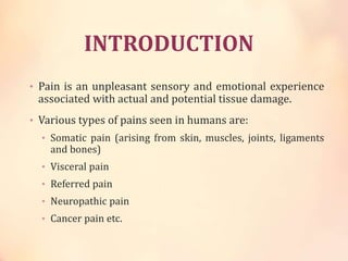 INTRODUCTION
• Pain is an unpleasant sensory and emotional experience
associated with actual and potential tissue damage.
• Various types of pains seen in humans are:
• Somatic pain (arising from skin, muscles, joints, ligaments
and bones)
• Visceral pain
• Referred pain
• Neuropathic pain
• Cancer pain etc.
 