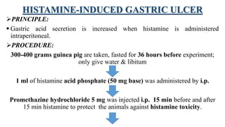 HISTAMINE-INDUCED GASTRIC ULCER
PRINCIPLE:
 Gastric acid secretion is increased when histamine is administered
intraperitoneal.
PROCEDURE:
300-400 grams guinea pig are taken, fasted for 36 hours before experiment;
only give water & libitum
1 ml of histamine acid phosphate (50 mg base) was administered by i.p.
Promethazine hydrochloride 5 mg was injected i.p. 15 min before and after
15 min histamine to protect the animals against histamine toxicity.
 