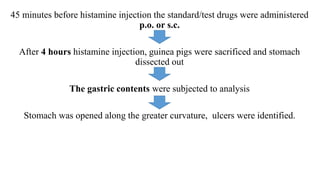 45 minutes before histamine injection the standard/test drugs were administered
p.o. or s.c.
After 4 hours histamine injection, guinea pigs were sacrificed and stomach
dissected out
The gastric contents were subjected to analysis
Stomach was opened along the greater curvature, ulcers were identified.
 