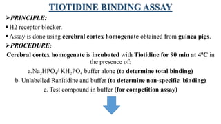 TIOTIDINE BINDING ASSAY
PRINCIPLE:
 H2 receptor blocker.
 Assay is done using cerebral cortex homogenate obtained from guinea pigs.
PROCEDURE:
Cerebral cortex homogenate is incubated with Tiotidine for 90 min at 40C in
the presence of:
a.Na2HPO4/ KH2PO4 buffer alone (to determine total binding)
b. Unlabelled Ranitidine and buffer (to determine non-specific binding)
c. Test compound in buffer (for competition assay)
 