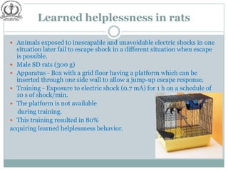 Learned helplessness in rats

 Animals exposed to inescapable and unavoidable electric shocks in one
  situation later fail to escape shock in a different situation when escape
  is possible.
 Male SD rats (300 g)
 Apparatus - Box with a grid floor having a platform which can be
  inserted through one side wall to allow a jump-up escape response.
 Training - Exposure to electric shock (0.7 mA) for 1 h on a schedule of
  10 s of shock/min.
 The platform is not available
  during training.
 This training resulted in 80%
acquiring learned helplessness behavior.
 