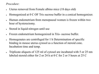 Procedure:
● Uterus removed from Female albino mice (18 days old)
● Homogenized at 0 C OF Tris sucrose buffer in a conical homogenizer.
● Human endometrium from menopausal women is frozen within two
hour of hysterectomy.
● Stored in liquid nitrogen until use
● Frozen endometrium homogenized in Tris- sucrose buffer.
● Homogenates are centrifuged for 1 h Determination of specific
binding in mouse uterus cytosol as a function of steroid conc.
Incubation time and temp.
● Triplicate aliquots of 125 ml of cytosol are incubated with 5 or 25 nm
labeled steroid either for 2 or 24 h at 0 C for 2 or 5 hours at 25 C
 