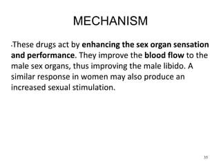 MECHANISM
•These drugs act by enhancing the sex organ sensation
and performance. They improve the blood flow to the
male sex organs, thus improving the male libido. A
similar response in women may also produce an
increased sexual stimulation.
35
 