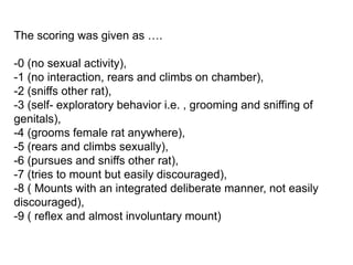 The scoring was given as ….
-0 (no sexual activity),
-1 (no interaction, rears and climbs on chamber),
-2 (sniffs other rat),
-3 (self- exploratory behavior i.e. , grooming and sniffing of
genitals),
-4 (grooms female rat anywhere),
-5 (rears and climbs sexually),
-6 (pursues and sniffs other rat),
-7 (tries to mount but easily discouraged),
-8 ( Mounts with an integrated deliberate manner, not easily
discouraged),
-9 ( reflex and almost involuntary mount)
 