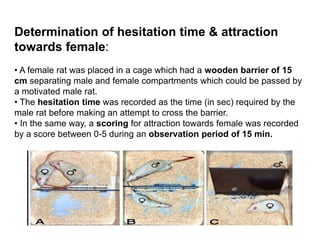 Determination of hesitation time & attraction
towards female:
• A female rat was placed in a cage which had a wooden barrier of 15
cm separating male and female compartments which could be passed by
a motivated male rat.
• The hesitation time was recorded as the time (in sec) required by the
male rat before making an attempt to cross the barrier.
• In the same way, a scoring for attraction towards female was recorded
by a score between 0-5 during an observation period of 15 min.
 