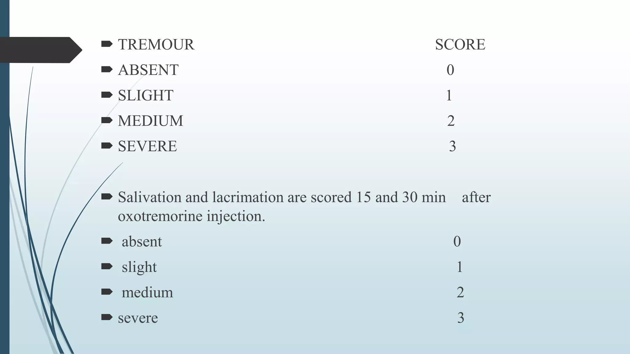  TREMOUR SCORE
 ABSENT 0
 SLIGHT 1
 MEDIUM 2
 SEVERE 3
 Salivation and lacrimation are scored 15 and 30 min after
oxotremorine injection.
 absent 0
 slight 1
 medium 2
 severe 3
 