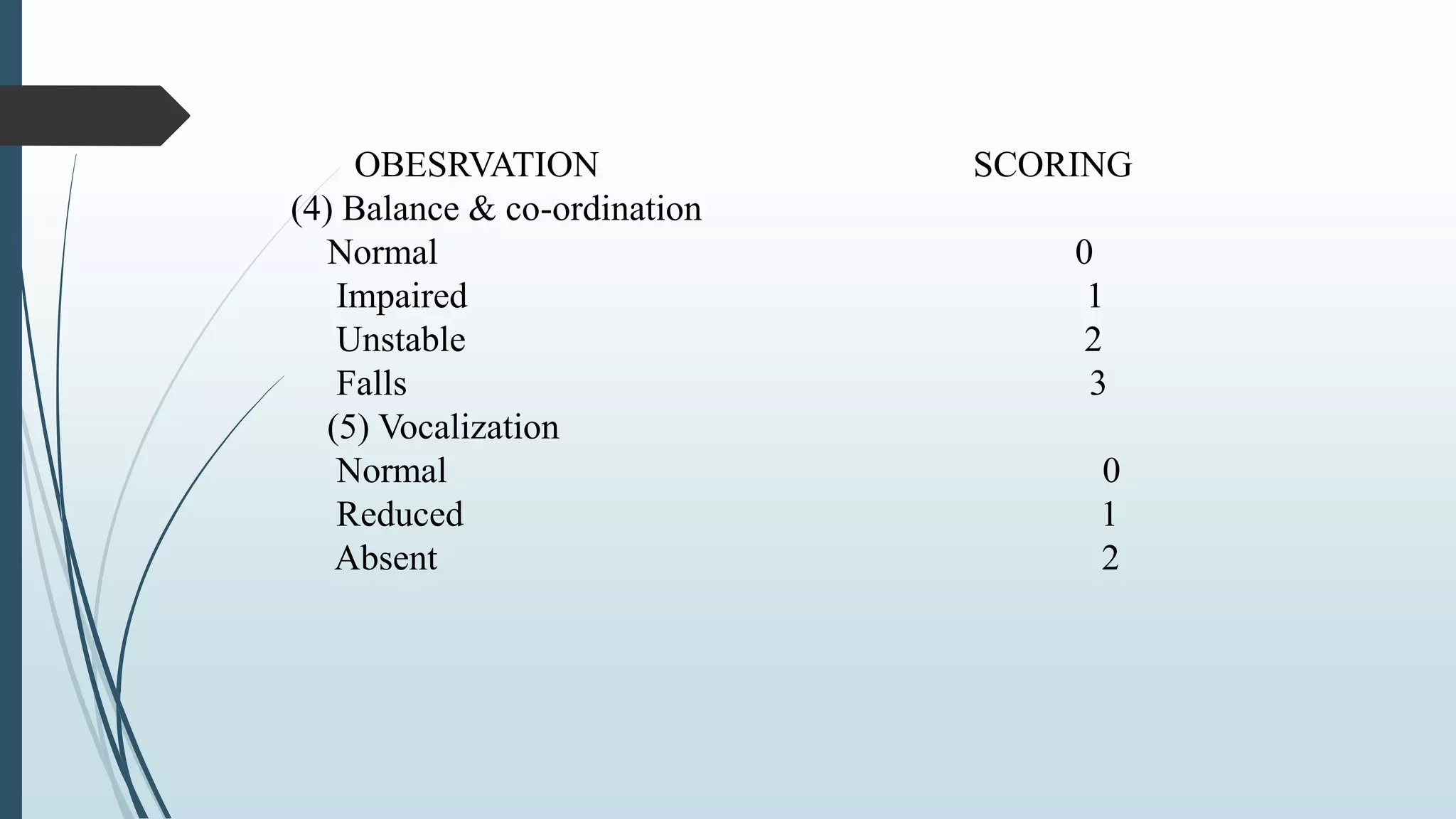 OBESRVATION SCORING
(4) Balance & co-ordination
Normal 0
Impaired 1
Unstable 2
Falls 3
(5) Vocalization
Normal 0
Reduced 1
Absent 2
 