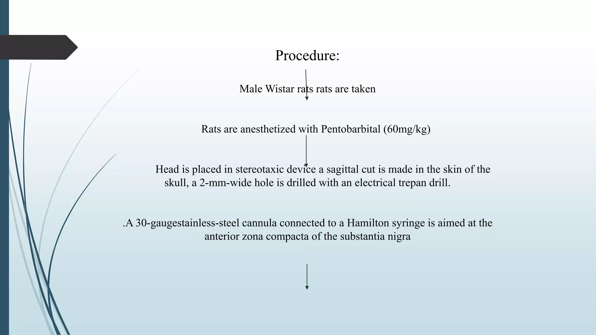 Procedure:
Male Wistar rats rats are taken
Rats are anesthetized with Pentobarbital (60mg/kg)
Head is placed in stereotaxic device a sagittal cut is made in the skin of the
skull, a 2-mm-wide hole is drilled with an electrical trepan drill.
.A 30-gaugestainless-steel cannula connected to a Hamilton syringe is aimed at the
anterior zona compacta of the substantia nigra
 
