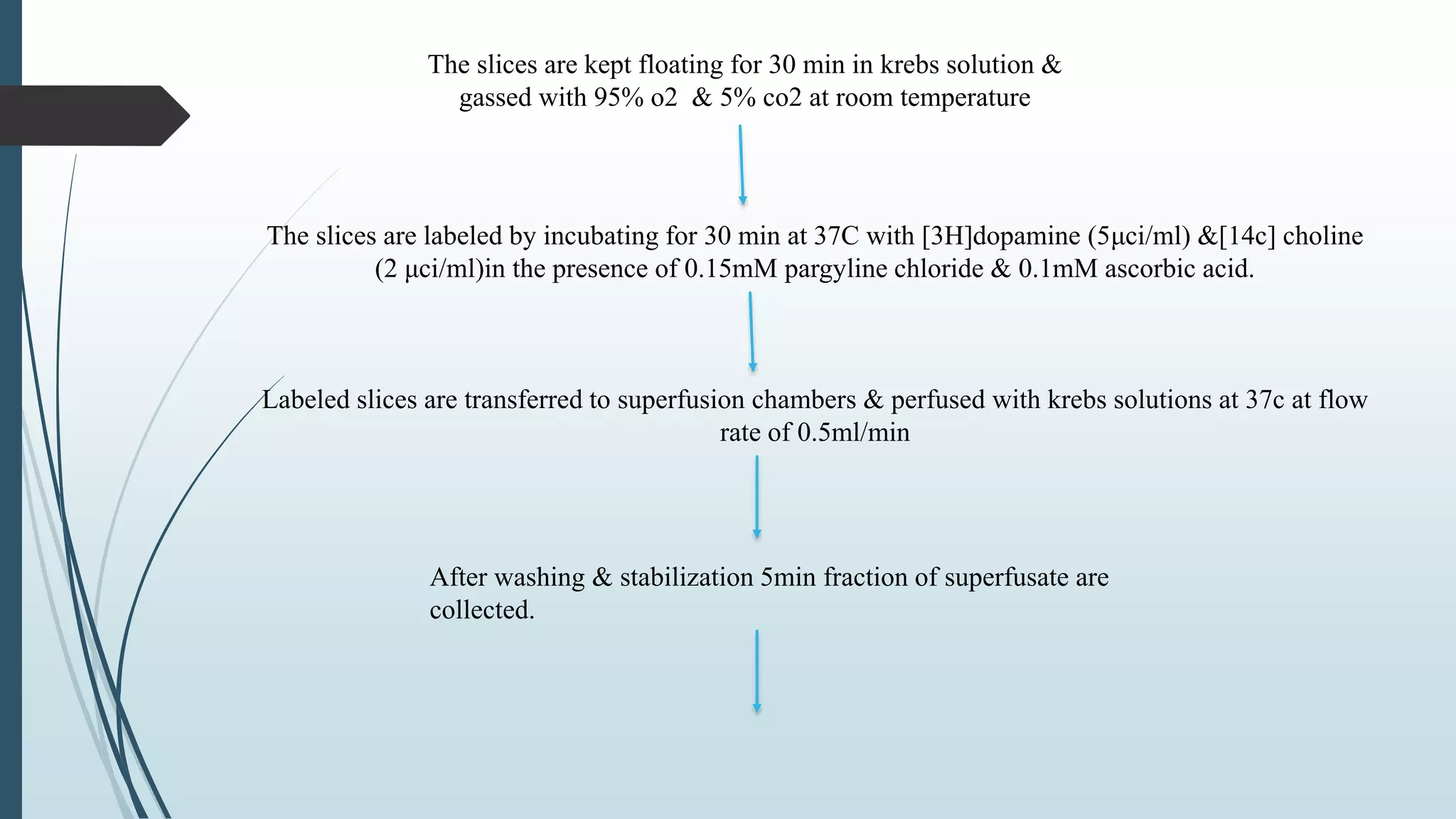 The slices are labeled by incubating for 30 min at 37C with [3H]dopamine (5μci/ml) &[14c] choline
(2 μci/ml)in the presence of 0.15mM pargyline chloride & 0.1mM ascorbic acid.
Labeled slices are transferred to superfusion chambers & perfused with krebs solutions at 37c at flow
rate of 0.5ml/min
The slices are kept floating for 30 min in krebs solution &
gassed with 95% o2 & 5% co2 at room temperature
After washing & stabilization 5min fraction of superfusate are
collected.
 
