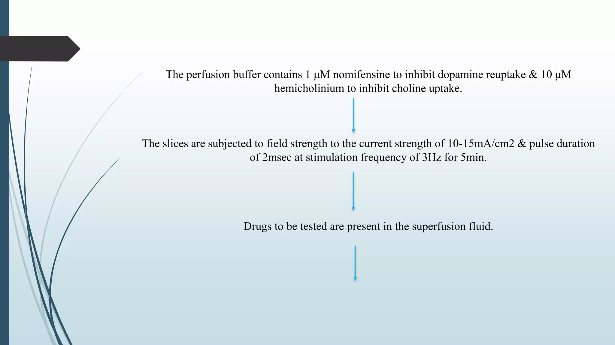 The perfusion buffer contains 1 μM nomifensine to inhibit dopamine reuptake & 10 μM
hemicholinium to inhibit choline uptake.
The slices are subjected to field strength to the current strength of 10-15mA/cm2 & pulse duration
of 2msec at stimulation frequency of 3Hz for 5min.
Drugs to be tested are present in the superfusion fluid.
 