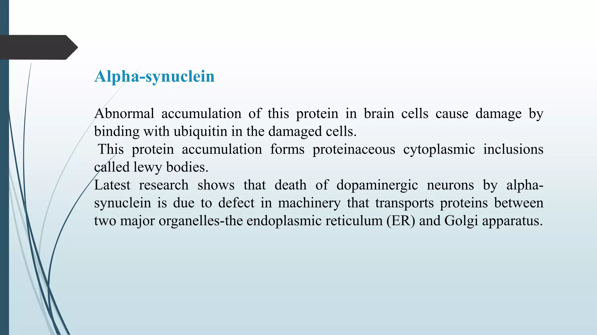 Alpha-synuclein
Abnormal accumulation of this protein in brain cells cause damage by
binding with ubiquitin in the damaged cells.
This protein accumulation forms proteinaceous cytoplasmic inclusions
called lewy bodies.
Latest research shows that death of dopaminergic neurons by alpha-
synuclein is due to defect in machinery that transports proteins between
two major organelles-the endoplasmic reticulum (ER) and Golgi apparatus.
 
