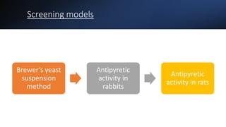 Screening models
Brewer’s yeast
suspension
method
Antipyretic
activity in
rabbits
Antipyretic
activity in rats
 