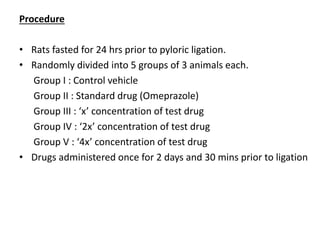 Procedure 
• Rats fasted for 24 hrs prior to pyloric ligation. 
• Randomly divided into 5 groups of 3 animals each. 
Group I : Control vehicle 
Group II : Standard drug (Omeprazole) 
Group III : ‘x’ concentration of test drug 
Group IV : ‘2x’ concentration of test drug 
Group V : ‘4x’ concentration of test drug 
• Drugs administered once for 2 days and 30 mins prior to ligation 
 