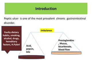 Introduction 
Peptic ulcer is one of the most prevalent chronic gastrointestinal 
disorder. 
Acid, 
pepsin, 
bile 
Prostaglandins 
, Mucus, 
bicarbonate, 
blood flow 
Imbalance 
Faulty dietary 
habits, smoking, 
alcohol, drugs, 
hereditary 
factors, H.Pylori 
 