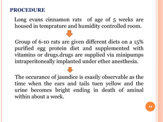 PROCEDURE
Long evans cinnamon rats of age of 5 weeks are
housed in temprature and humidity controlled room.
Group of 6-10 rats are given different diets on a 15%
purified egg protein diet and supplemented with
vitamins or drugs.drugs are supplied via minipumps
intraperitoneally implanted under ether anesthesia.
The occurance of jaundice is esasily observable as the
time when the ears and tails tuen yellow and the
urine becomes bright ending in death of aminal
within about a week.
14
 