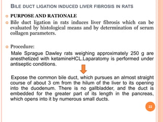 BILE DUCT LIGATION INDUCED LIVER FIBROSIS IN RATS
 PURPOSE AND RATIONALE
 Bile duct ligation in rats induces liver fibrosis which can be
evaluated by histological means and by determination of serum
collagen parameters.
 Procedure:
Male Sprague Dawley rats weighing approximately 250 g are
anesthetized with ketamineHCL.Laparatomy is performed under
antiseptic conditions.
Expose the common bile duct, which pursues an almost straight
course of about 3 cm from the hilum of the liver to its opening
into the duodenum. There is no gallbladder, and the duct is
embedded for the greater part of its length in the pancreas,
which opens into it by numerous small ducts.
22
 