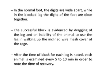 – In the normal foot, the digits are wide apart, while
in the blocked leg the digits of the foot are close
together.
– The successful block is evidenced by dragging of
the leg and an inability of the animal to use the
leg in walking up the inclined wire mesh cover of
the cage.
– After the time of block for each leg is noted, each
animal is examined every 5 to 10 min in order to
note the time of recovery.
 