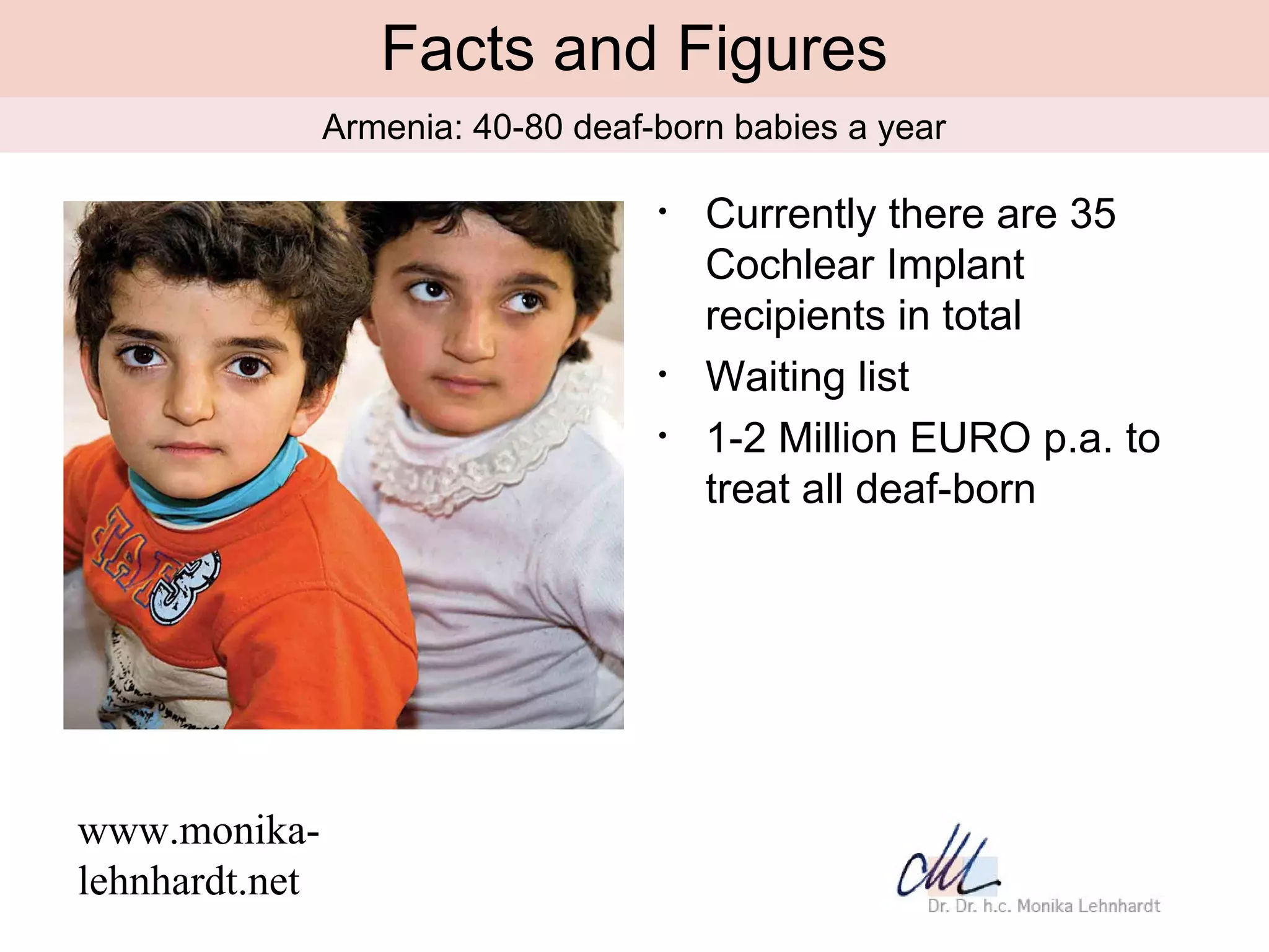Facts and Figures
                Armenia: 40-80 deaf-born babies a year

                                    •   Currently there are 35
                                        Cochlear Implant
                                        recipients in total
                                    •   Waiting list
                                    •   1-2 Million EURO p.a. to
                                        treat all deaf-born




www.monika-
lehnhardt.net
 