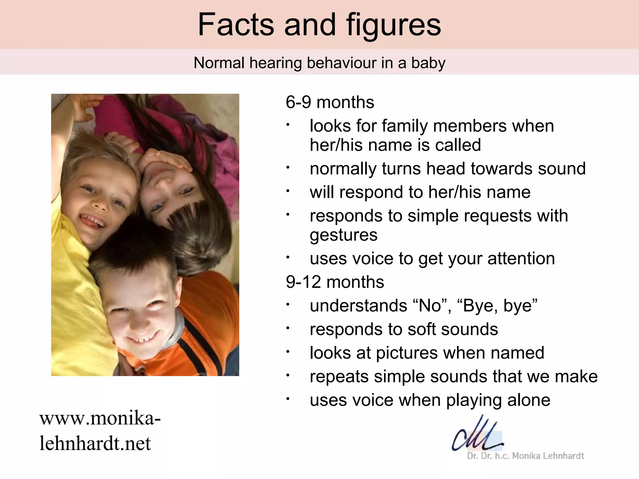 Facts and figures
                Normal hearing behaviour in a baby

                            6-9 months
                            •  looks for family members when
                               her/his name is called
                            •  normally turns head towards sound
                            •  will respond to her/his name
                            •  responds to simple requests with
                               gestures
                            •  uses voice to get your attention
                            9-12 months
                            •  understands “No”, “Bye, bye”
                            •  responds to soft sounds
                            •  looks at pictures when named
                            •  repeats simple sounds that we make
                            •  uses voice when playing alone
www.monika-
lehnhardt.net
 
