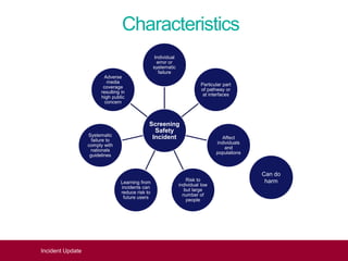Characteristics
Incident Update
Screening
Safety
Incident
Individual
error or
systematic
failure
Particular part
of pathway or
at interfaces
Affect
individuals
and
populations
Risk to
individual low
but large
number of
people
Learning from
incidents can
reduce risk to
future users
Systematic
failure to
comply with
nationals
guidelines
Adverse
media
coverage
resulting in
high public
concern
Can do
harm
 