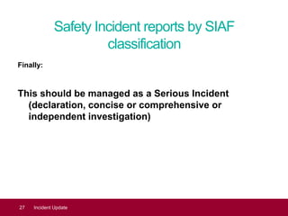 Safety Incident reports by SIAF
classification
Finally:
This should be managed as a Serious Incident
(declaration, concise or comprehensive or
independent investigation)
27 Incident Update
 